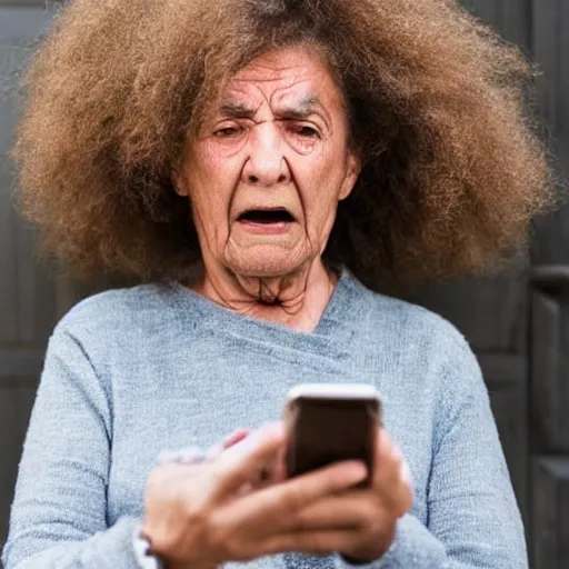 Prompt: astonished older lady looking at smartphone angrily, wild hair, greek ethnicity, angry eyes,