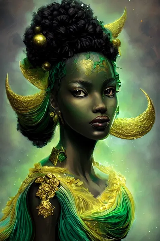 Prompt: portrait of a black princess warrior , fantasy, gradient black green gold, dreamy and ethereal, green eyes, golden ratio, peaceful expression, ornate frilly dress, fantasy, intricate, elegant, rainbow splash of ink, highly detailed, digital painting, artstation, concept art, smooth,b sharp focus, illustration, art by artgerm and greg rutkowski and alphonse mucha