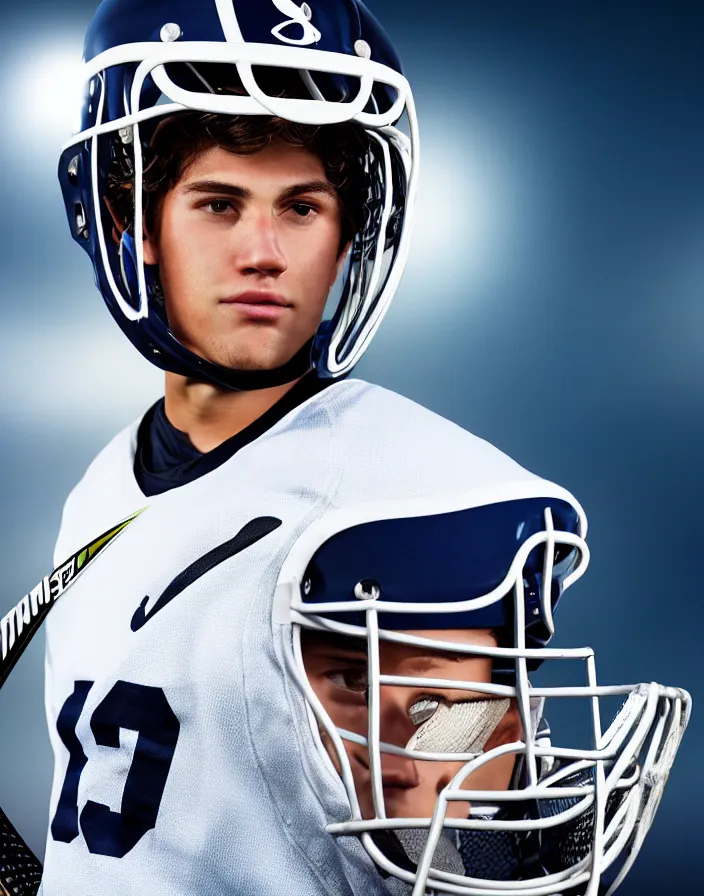 Image similar to closeup portrait of very beautiful cute male lacrosse player wearing a cascade xrs lacrosse helmet in a penn state stadium, glamour pose, particle effects, backlit, highly detailed, soft ambient lighting, sharp focus, rule of thirds, artgerm, wlop, arney freytag, rossdraws, frank frazetta, andrei riabovitchev, hd, octane, 4 k