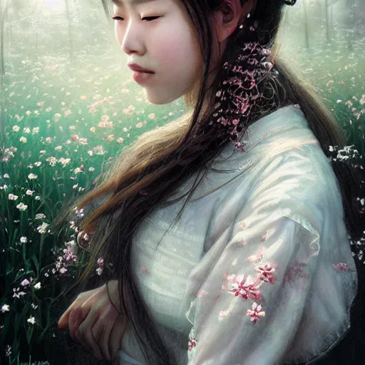 Image similar to detailed portrait of japanese girl in a spring, spring light, painting by lise deharme