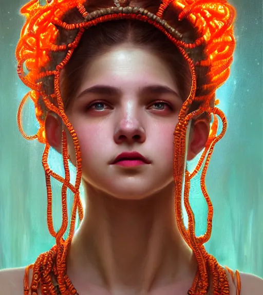 Image similar to portrait of teenage medusa, bald, naughty smile, coral snakes cover her head, wearing an embroidered orange tunic, intricate, elegant, copper and emerald jewelry, glowing lights, highly detailed, digital painting, artstation, concept art, smooth, sharp focus, illustration, art by wlop, mucha, artgerm, and greg rutkowski