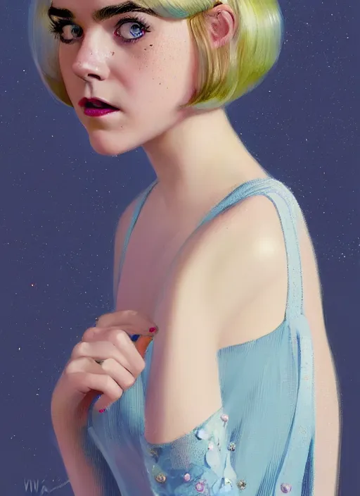 Image similar to portrait of kiernan shipka with freckles, white hair, big 1 9 6 0 s bob hairstyle with bangs and hairband, blue 1 9 6 0 s dress, intricate, elegant, glowing lights, highly detailed, digital painting, artstation, concept art, smooth, sharp focus, illustration, art by wlop, mars ravelo and greg rutkowski