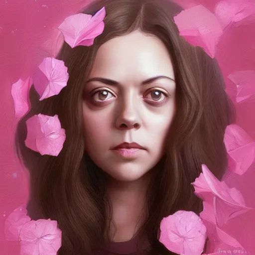 Image similar to pink petals with a a bored aubrey plaza and christina ricci mixed with mona lisa, intricate, elegant, highly detailed, wonderful eyes, sweet, digital painting, artstation, concept art, smooth, sharp focus, illustration, art by artgerm and greg rutkowski and concept art, rectilinear vaporwave
