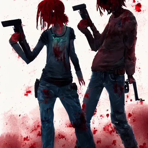 Image similar to a concept art of a boy and a girl with red hair holding a gun, zombie apocalypse, highly detailed, digital painting, artstation, concept art, smooth, sharp focus, illustration