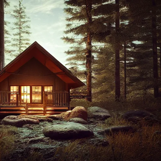 Image similar to a cabin in the woods, octane render