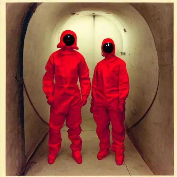 Prompt: two scientists wearing red rick owens hazmat suits in a tunnel of fluorescent lights by frank frazetta