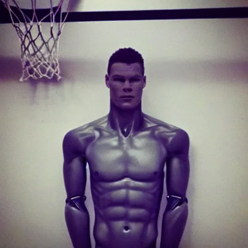 Image similar to “a realistic detailed photo of a guy who is an attractive humanoid who is half robot and half humanoid, who is a male android, basketball player Blake Griffin, shiny skin, posing like a statue, blank stare”