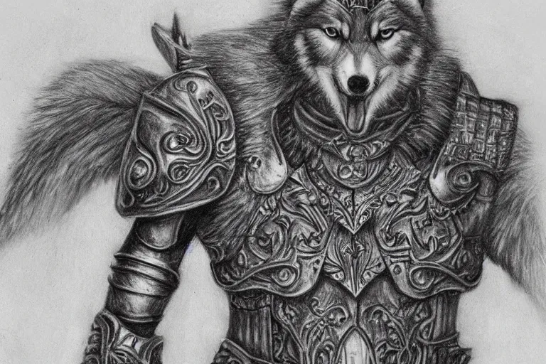 Image similar to a pencil drawing of a wolf, full body, D&D, armor, made by by Pen Tacula