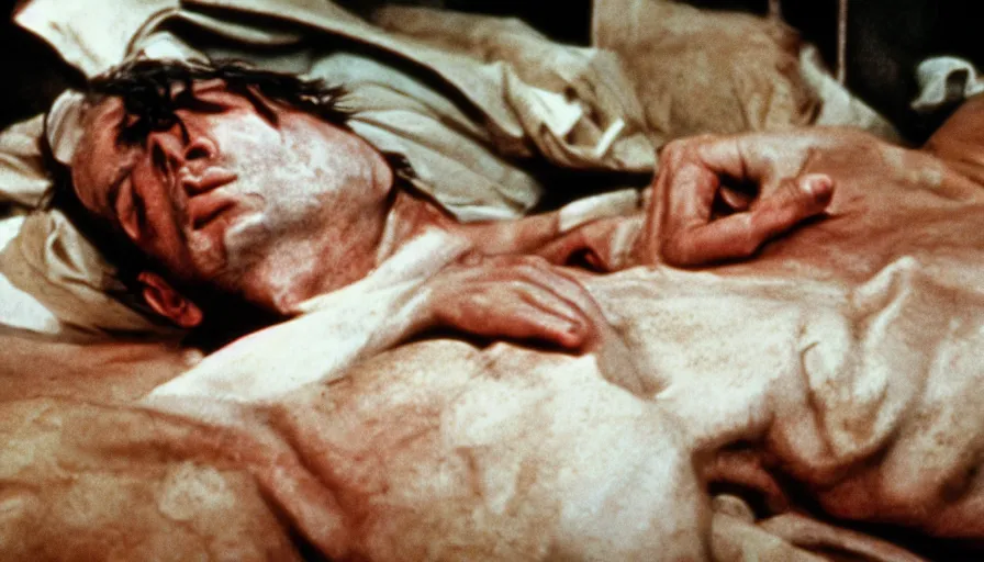 Image similar to 1 9 7 0 s movie still of the death of jean - paul marat, cinestill 8 0 0 t 3 5 mm, high quality, heavy grain, high detail, panoramic, cinematic composition, dramatic light, ultra wide lens, anamorphic