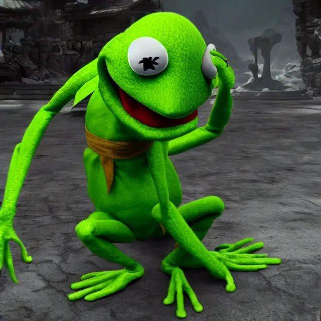 Image similar to kermit the frog in mortal kombat, videogame render, 4 k, artstation