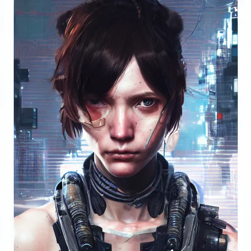 Image similar to highly detailed portrait of a post-cyberpunk young lady by Akihiko Yoshida, Greg Tocchini, 4k resolution, death stranding inspired, fragile