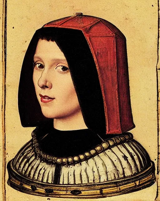 Prompt: medieval portrait of millie bobby brown dressed as a knight in black armor, in the style of eugene de blaas