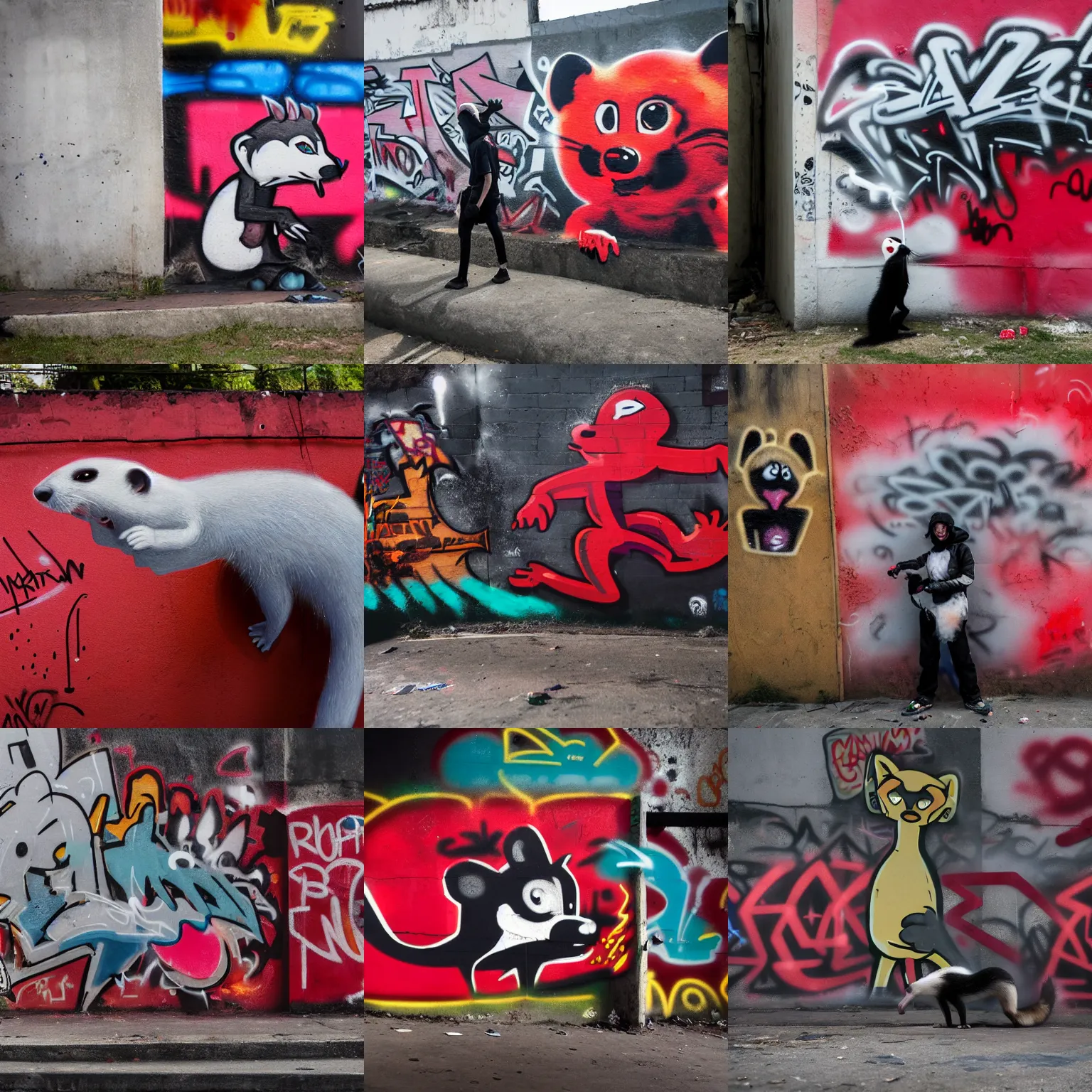 Prompt: photo ( far _ shot ), subject [ furry _ fandom _ fursona ( red - black, anthropomorphic _ humanoid _ weasel - ferret - stoat ) ], background ( smoke, concrete ), medium [ graffiti ( spray _ paint ) ], location ( favela _ wall )