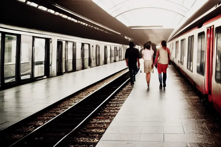 Image similar to vfx movie couple in a train station flat color profile low - key lighting cinematography