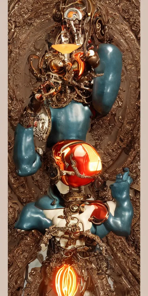 Image similar to a young handsome Spanish metal and porcelain android with a large glowing red lit gem in the center of his chest, full-body bronze cyberpunk style statue of Icarus with glowing p eyes, crown of mechanical peach roses, flowing teal-colored silk, fabric, steampunk flowers. baroque elements, human skull. full-length view. baroque element. intricate artwork by caravaggio. many flying horses on background. Trending on artstation, octane render, cinematic lighting from the right, hyper realism, octane render, 8k, depth of field, 3D