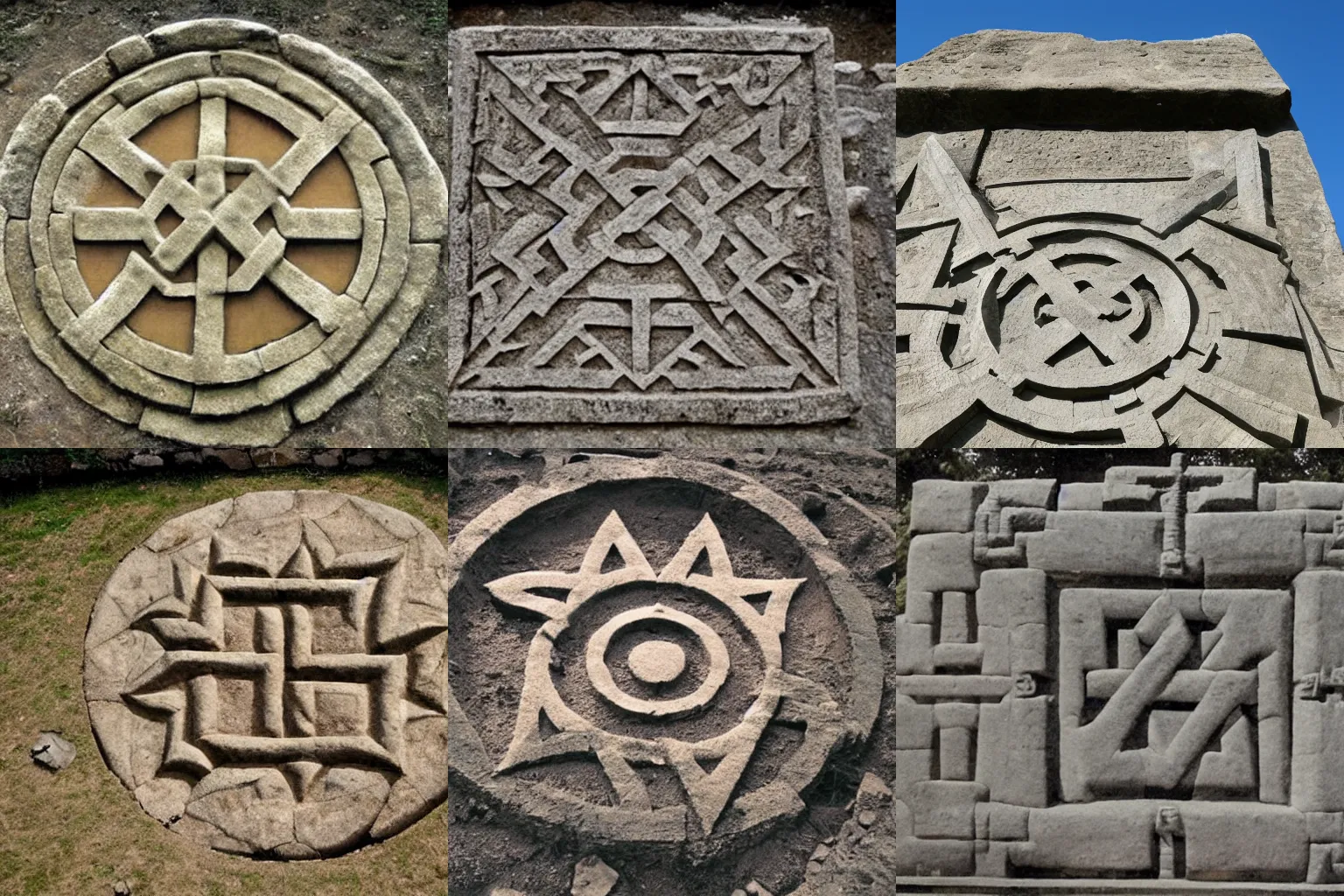 Prompt: a photo which shows a large swastika crafted in the masonwork of an ancient megalithic temple