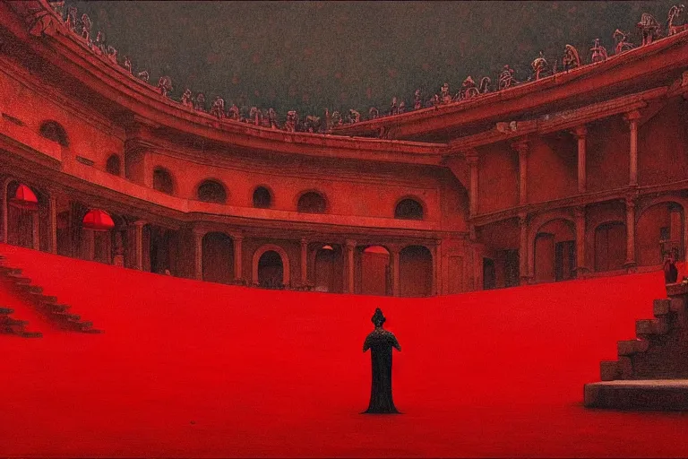 Image similar to only with red, a red great emperor, taormina amphitheatre, expressive crowd hails him, in the style of beksinski, parts by edward hopper, parts by rodcenko, parts by yue minjun, intricate and epic composition, red by caravaggio, insanely quality, highly detailed, masterpiece, red light, artstation, 4 k