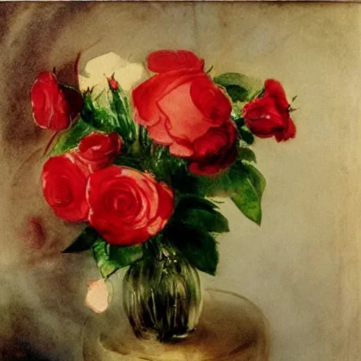 Image similar to red roses in a crystal vase, water paint, watercolor blooms, jmw turner, john singer sargent