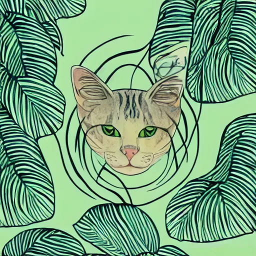 Image similar to tattoo sketch of a cat with one eye, monstera deliciosa, a draft, organic ornament, minimalism, line art, vector