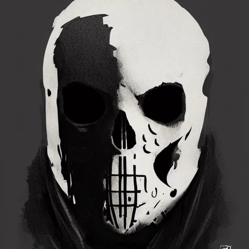 Image similar to portrait of a character wearing a black cloak, with a white mask in the shape of a cow skull, the mask covers her entire face, dramatic lighting, illustration by Greg rutkowski, yoji shinkawa, 4k, digital art, concept art, trending on artstation