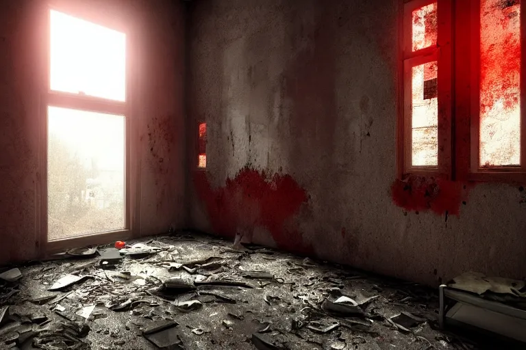 Prompt: ruined, abandoned polish bedroom, seen from inside. Strong red light falls through the broken windows. Dirt, leaves on ground. Unreal Engine. Substance painter. Zbrush. Trending on artstation. 8K. Red colorscheme. Highly detailed.
