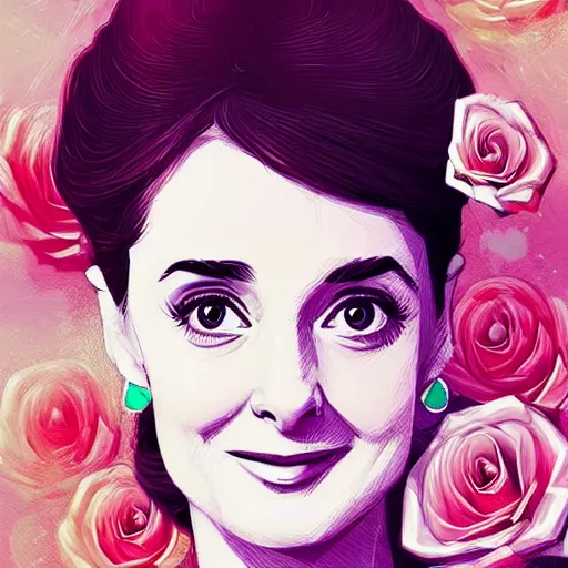 Image similar to beautiful charming goddess of sunshine and roses, inspired by audrey hepburn and tina fey, character art portrait, deviantart artstation, by alena aenami, by michael whelan, behance hd, bokeh