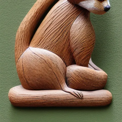 Image similar to symmetrical wood sculpture of a meercat with intricate pattern carvings