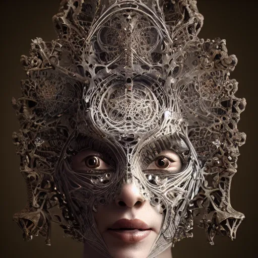 Prompt: beatifull frontal face portrait of a woman, biomechanical sculpture, mandelbrot fractal, intricate, elegant, highly detailed, ornate, elegant , luxury, beautifully lit, ray trace, octane render in the style of Gerald Brom and James gurney