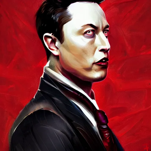 Prompt: portrait of elon musk upper body in bloody business suit, blood red eyes, vampire fangs, fantasy, intricate, elegant, highly detailed, digital painting, artstation, concept art, matte, sharp focus, illustration, art by aenaluck and roberto ferri and greg rutkowski, epic fantasy, digital painting