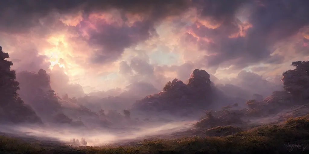 Image similar to epic clouds, dawn, sunrise colors, fantasy illustration, matte painting, concept art, low angle shot, volumetric lighting, volumetric atmosphere, morning mist, art by james gurney, unreal engine 5, 8 k