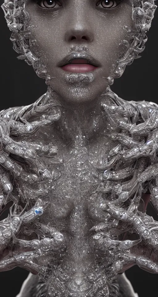 Image similar to full body detailed, ethereal, biomechanical, covered in diamonds and other gems glowing, highly detailed face, elegant posed, intricate, extremy detailed, beeple, cgsociety, 3 d unreal engine octane render. cinematic lighting, highly detailed 4 k art