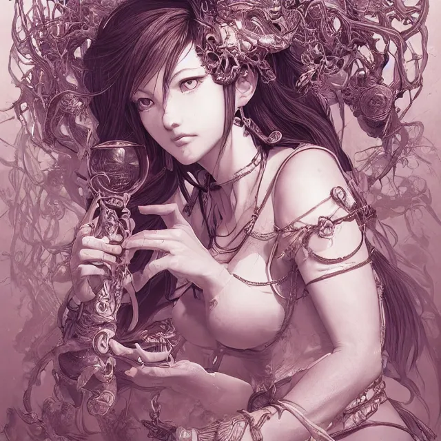 Prompt: the portrait of chaotic good female druid alchemist as absurdly beautiful, gorgeous, elegant, gravure idol, an ultrafine hyperdetailed illustration by kim jung gi, irakli nadar, intricate linework, sharp focus, bright colors, octopath traveler, final fantasy, unreal engine 5 highly rendered, global illumination, radiant light, detailed and intricate environment