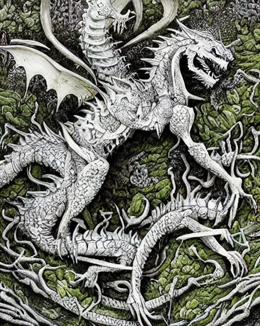 Image similar to white dragon skeleton covered in moss and flowers, intricate details, hyperrealistic, hr giger