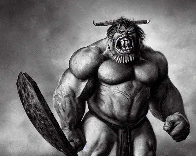 Image similar to realistic vintage photograph of a warrior ogre chieftain, tall, muscular, hulk like physique, sharp fangs and tusks, big arms, big hands, big feet, armored, tribal paint, highly detailed