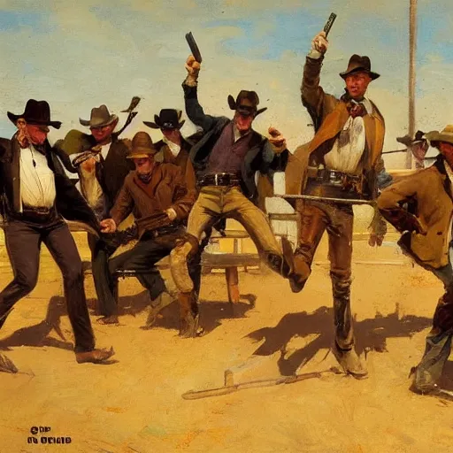 Prompt: cowboys shoot it out in a bar of a western town, 1890s, dynamic, by tom lovell and frank schoonover and dean cornwell and phil hale