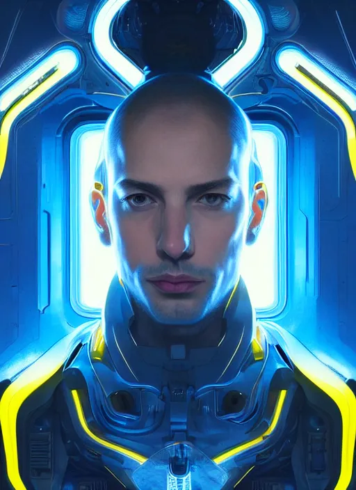 Image similar to symmetry!! portrait of a man, sci - fi, tech wear, blue and yellow glowing lights!! intricate, elegant, highly detailed, digital painting, artstation, concept art, smooth, sharp focus, illustration, art by artgerm and greg rutkowski and alphonse mucha