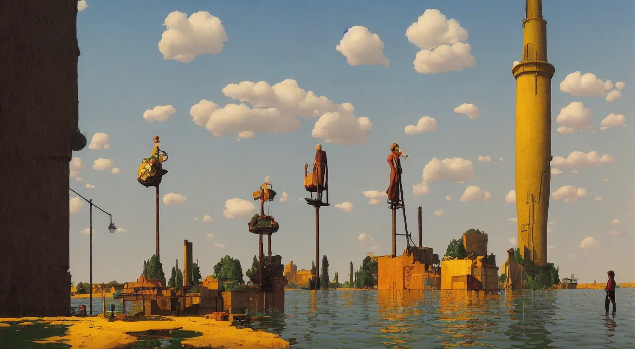 Prompt: single flooded simple ancient steel tower, very coherent and colorful high contrast!! masterpiece by rene magritte simon stalenhag carl spitzweg syd mead norman rockwell edward hopper james gilleard, minimalist, dark shadows, sunny day, hard lighting