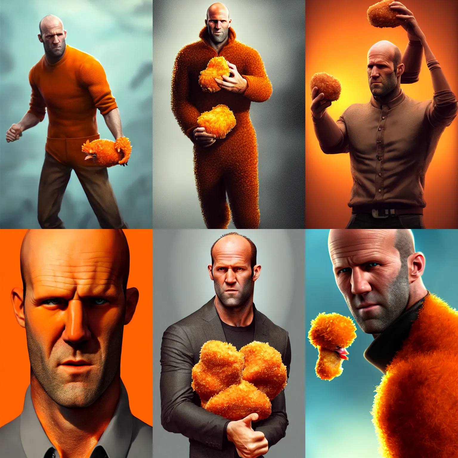 Prompt: ultrarealistic fantasy portrait jason statham wearing a chicken nugget suit orange intricate details holding a chicken nugget, fantasy character octane render, cinematic lighting, volumetric lighting, artstation, dnd art, cgsociety, sharp focus, digital painting by artgerm, gerald brom, wlop