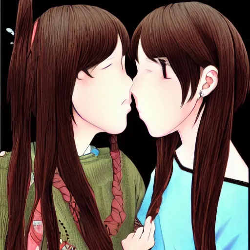 Image similar to portrait of two girls kissing, detailed manga art