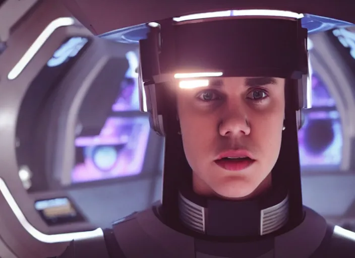 Image similar to Justin Bieber plays as captain in Star Trek Discovery, engine room and warp core in the background, 35mm photography, highly detailed, cinematic lighting, 4k