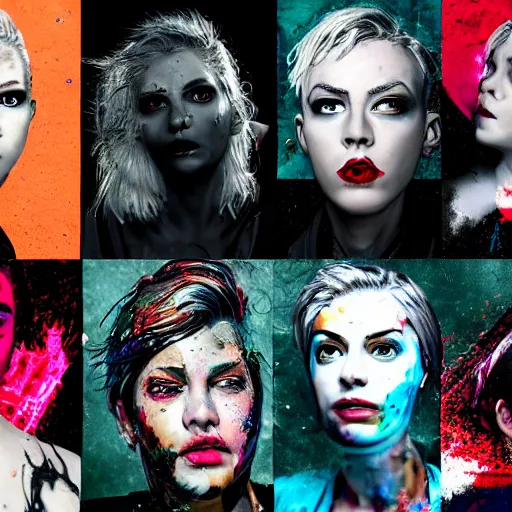 Image similar to portrait made out of exploding paint, punk rock women, short blond hair, octane render, highly detailed, comic book art