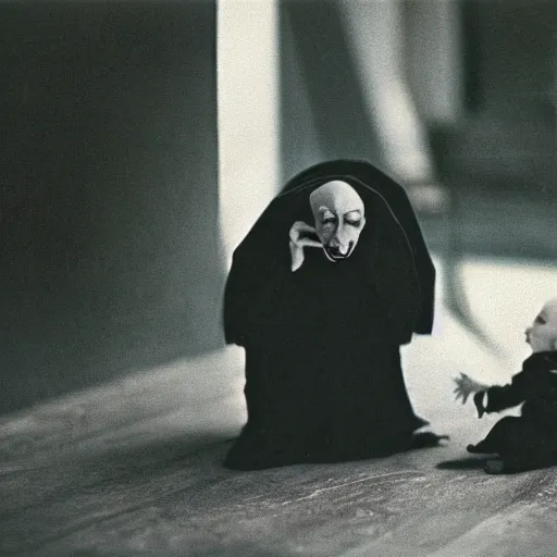 Image similar to portrait of nosferatu playing with his kid, realistic detailed photography, kodak 5 2 1 9 film, 5 0 mm lens