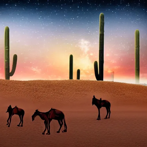 Image similar to desert at night filled with centaurs, tall white tower in the background, HD,