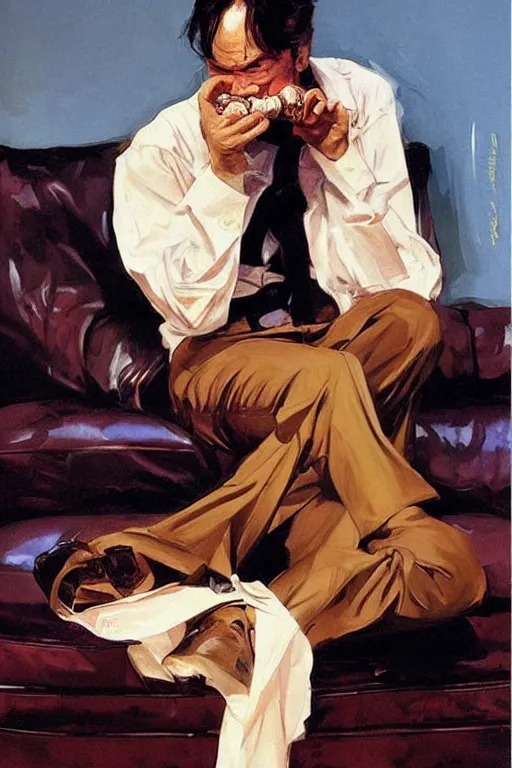 Prompt: quentin tarantino licking a foot, licking!!!!'bare feet '!!!!! painting by jc leyendecker!! phil hale!, angular, brush strokes, painterly, vintage, crisp