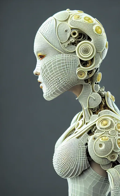 Prompt: intricate hyper detailed ultra sharp 3 d render of a beautiful smooth porcelain seductive cyborg woman portrait, medium shot portrait, bright light, alexandre ferra mecha, yellow deeply cyberpunk art nouveau haute couture huge fractal white mycelum and fungi head ornaments, big embroidered leaves filigree spreaded roots, octane render, volumetric cinematic lighting, 8 k, vray tracing