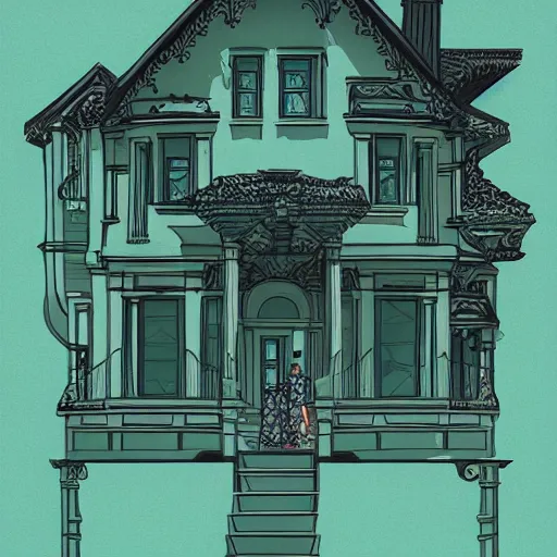 Image similar to people looking at a house, intricate, elegant, highly detailed, vector illustration, artstation, concept art, smooth, sharp focus, illustration, art by jonny wan, sea green color scheme