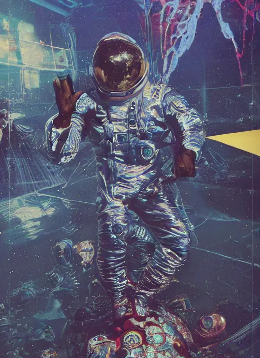 Prompt: astronauts ijumping on the bed underwater - complex hyperdetailed technical suit. reflection and dispersion materials. f / 3 2. noise film photo. flash photography. ultra realistic, ultra wide lens. anaglyph materials, poster by wayne barlowe, mike winkelmann, craig mullins. holographic poster