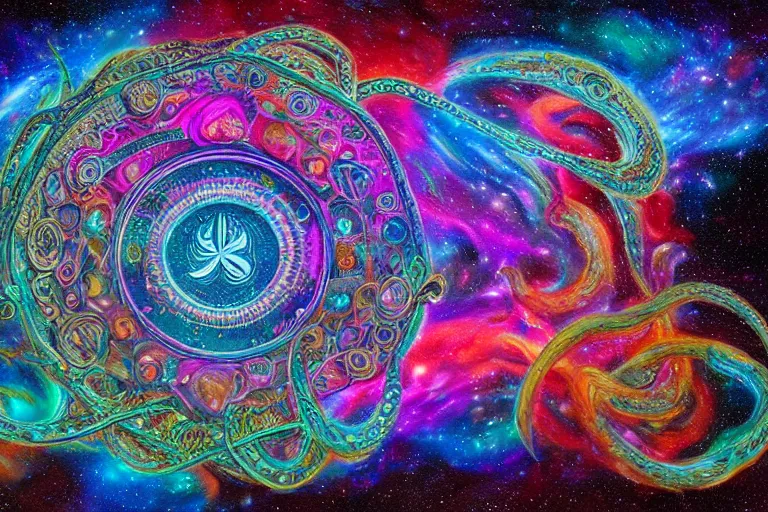 Image similar to a intricate mandala of peace signs with deep and intricate rune carvings and twisting lovecraftian tentacles emerging from a space nebula by dan mumford, twirling smoke trails, a twisting vortex of dying galaxies, collapsing stars, digital art, photorealistic, vivid colors, highly detailed, intricate