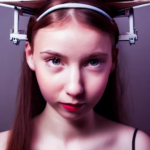 Prompt: portrait of a cute young woman with robot ears, 4k, sharp focus, Dmitry Ageev