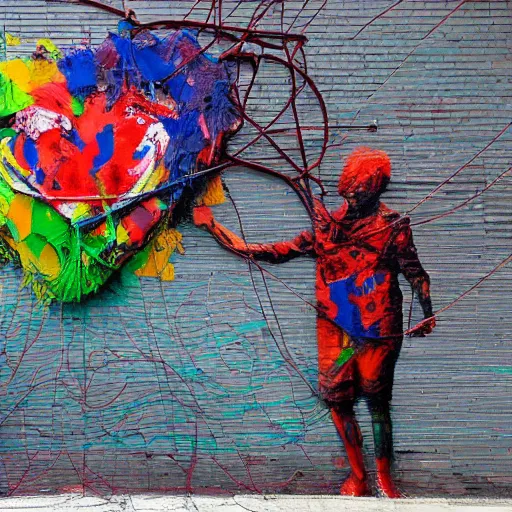 Image similar to a street art of thread knot connecting brother and sister by artur bordalo